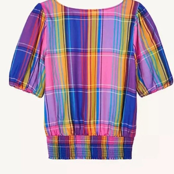 Ann Taylor Madras Plaid Smocked Hem Top - Picture 3 of 5